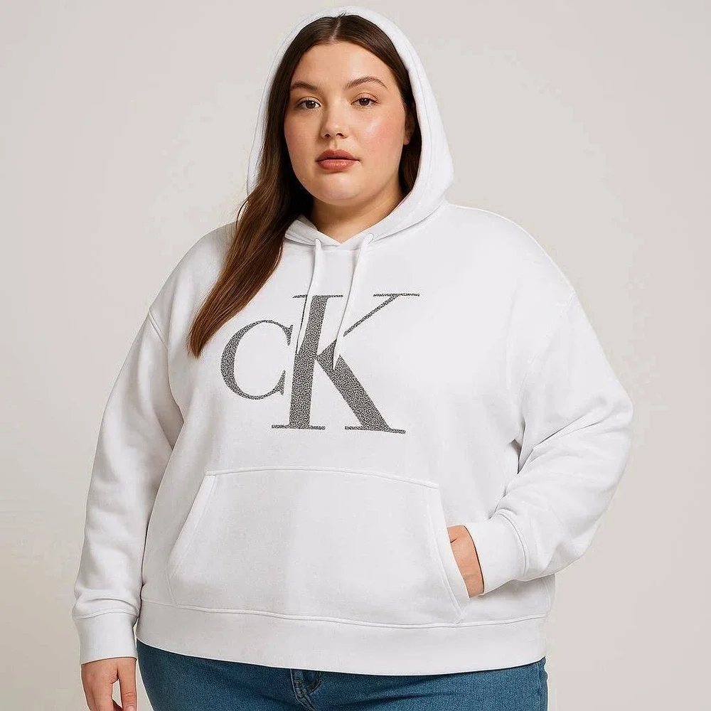 Calvin Klein Jeans Womens 2X White Sequin Logo Hoodie Pullover Sweatshirt